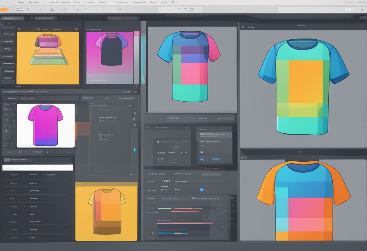 A computer screen displaying a t-shirt design software interface with options for integrating with print-on-demand services