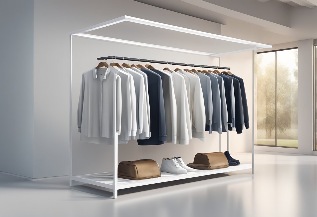 A rack of plain white clothing on display in a modern, minimalist store setting