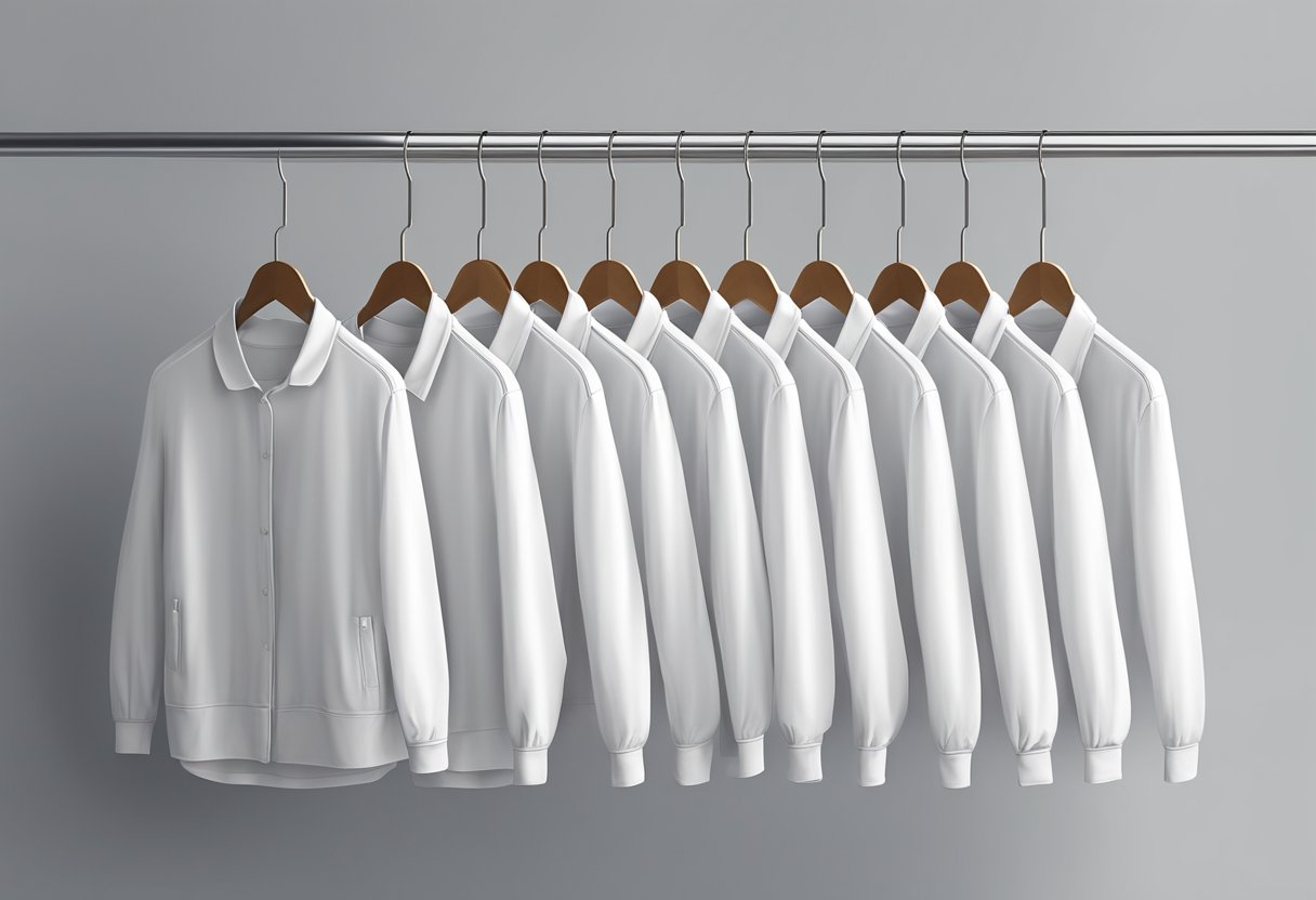 A row of plain white clothing items displayed on hangers against a clean, minimalist backdrop