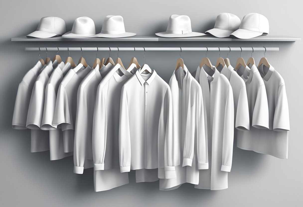 A row of blank white clothing items arranged neatly on display