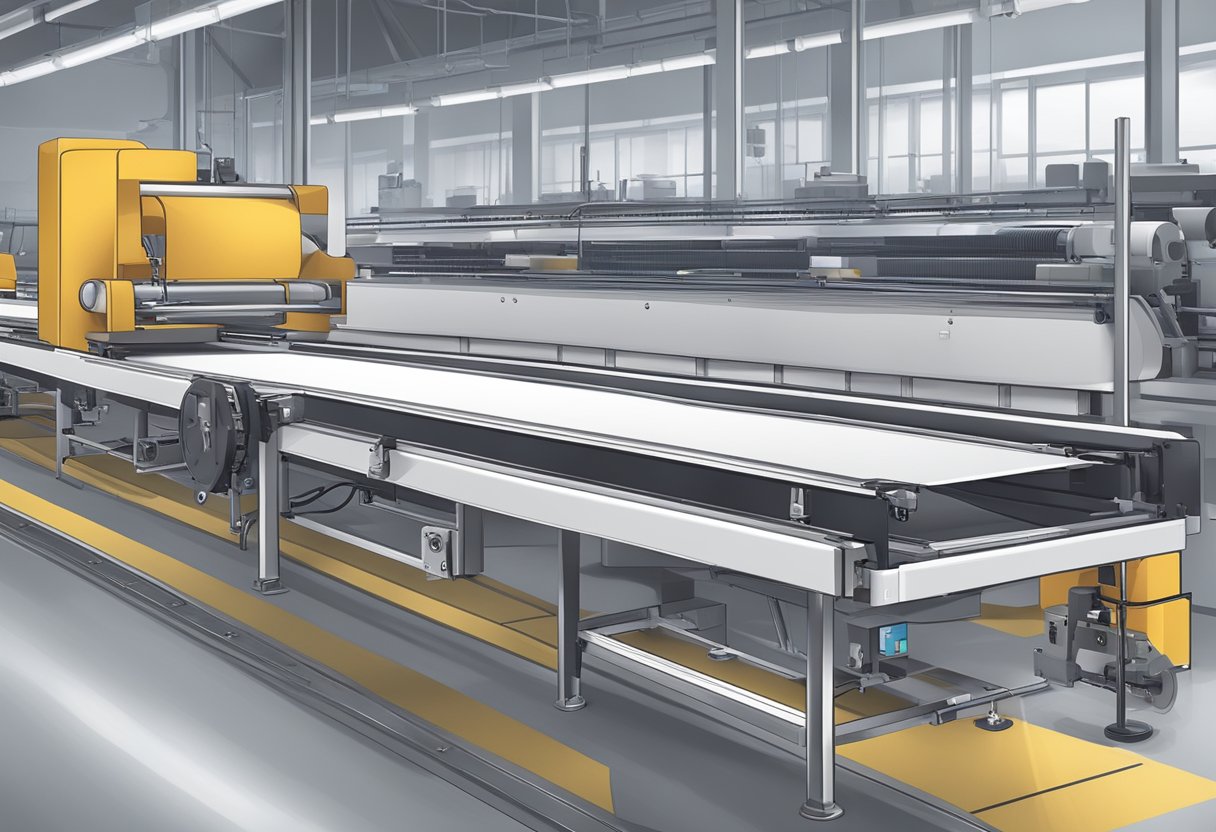 Machinery assembling white label clothing on a conveyor belt in a modern factory