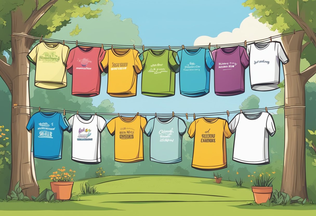 A colorful array of t-shirts with humorous quotes, displayed on a clothesline in a sunny backyard