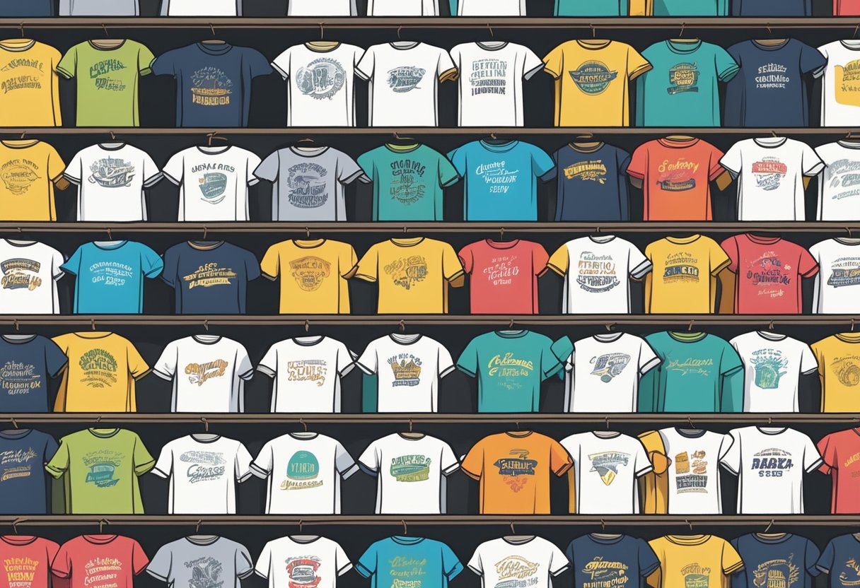 A colorful array of t-shirts with humorous quotes, neatly folded and stacked on a display table