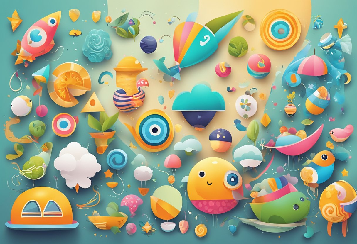 A colorful array of quirky symbols and graphics arranged in a playful and whimsical composition