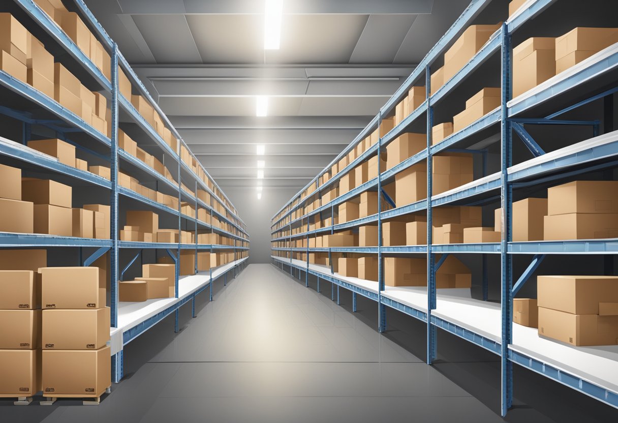 A warehouse with neatly stacked boxes of white label clothing, shelves of organized inventory, and a conveyor belt for efficient supply chain management