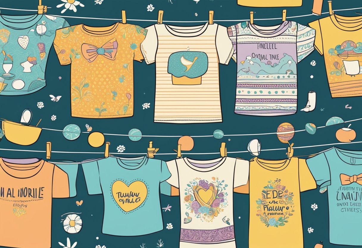 A colorful display of funny shirts with humorous quotes, arranged on a clothesline with quirky patterns and designs