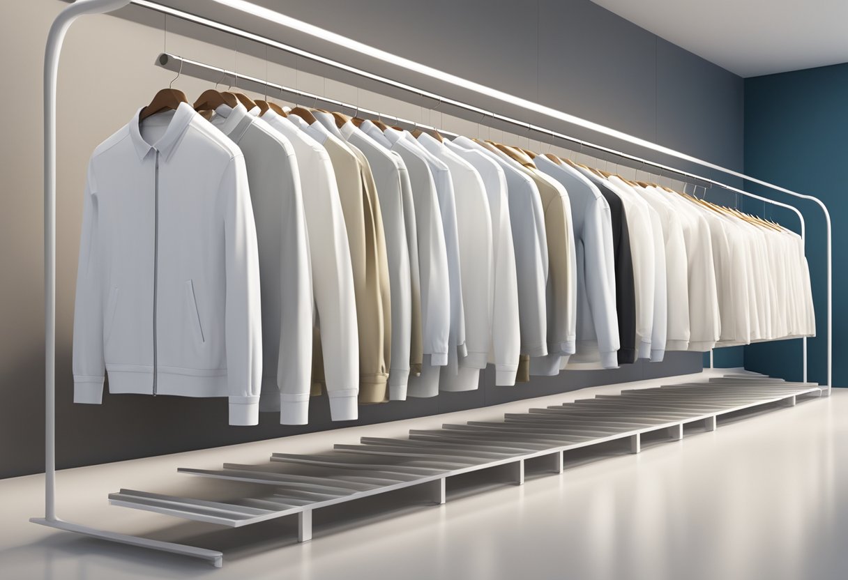 A row of clothing racks with various white label garments, displayed in a bright and modern sales showroom