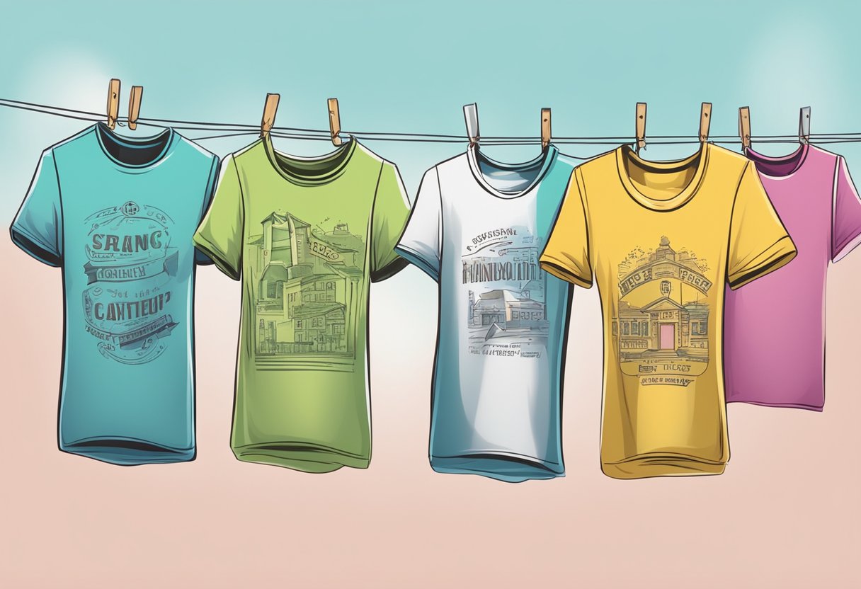 A row of colorful t-shirts with humorous quotes on a clothesline