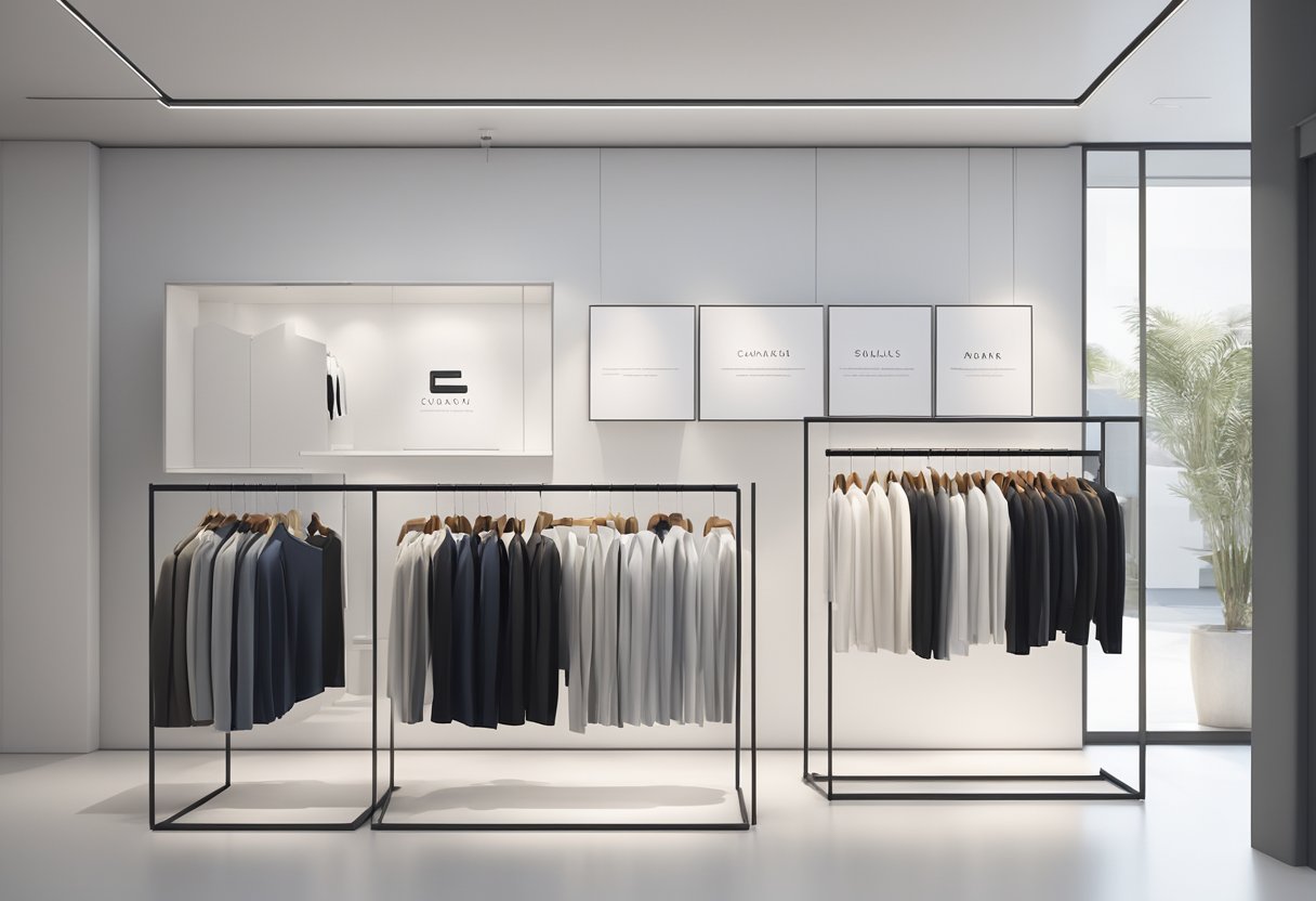 A rack of white label clothing displayed in a modern, minimalist store with sleek branding and marketing materials