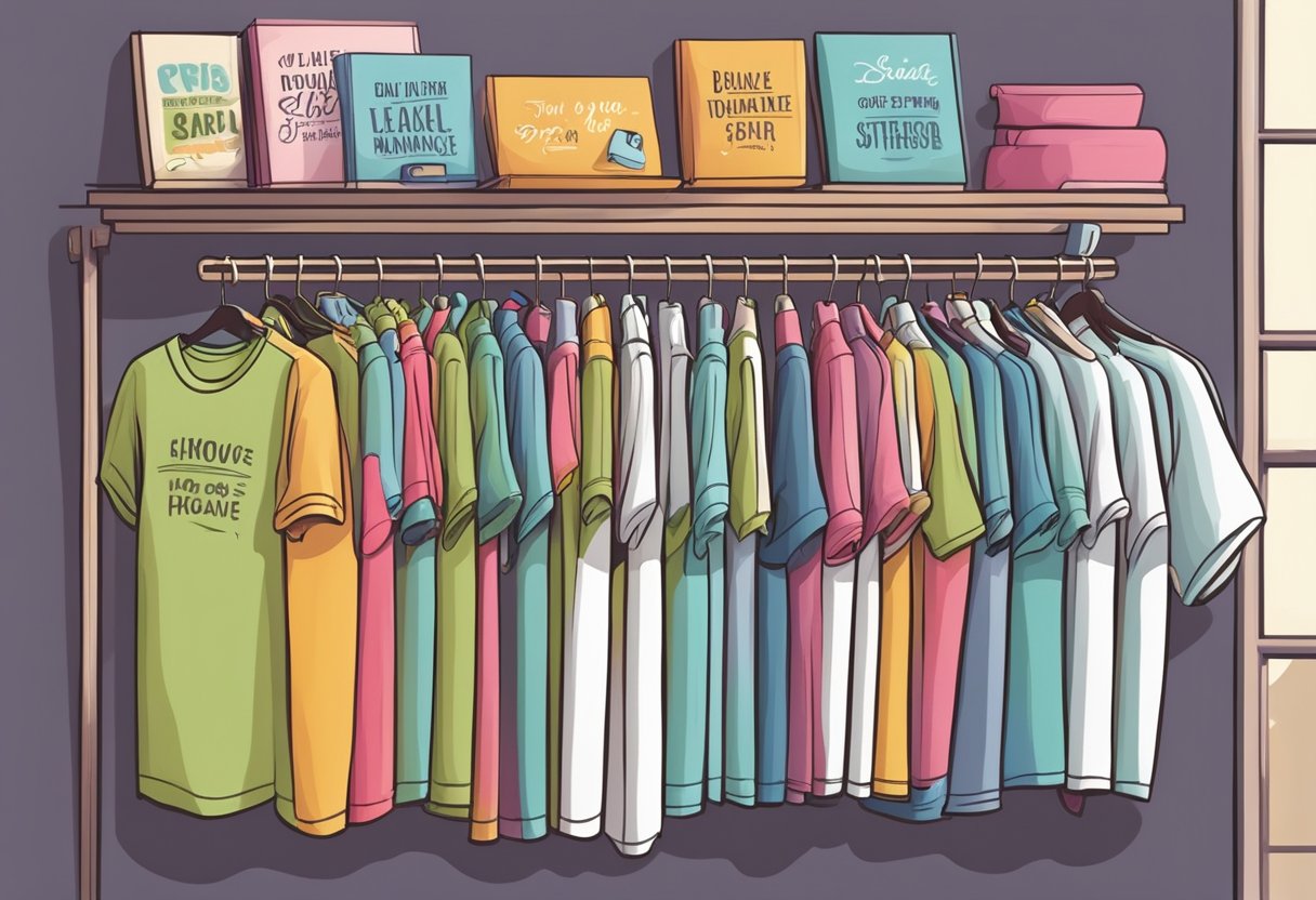 A colorful array of t-shirts with humorous quotes and designs displayed on hangers in a trendy fashion boutique