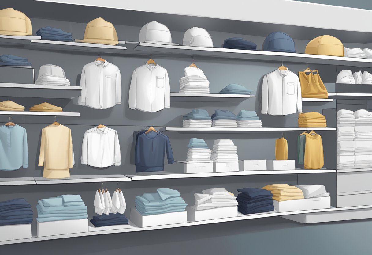 A row of neatly folded white label clothing on display shelves