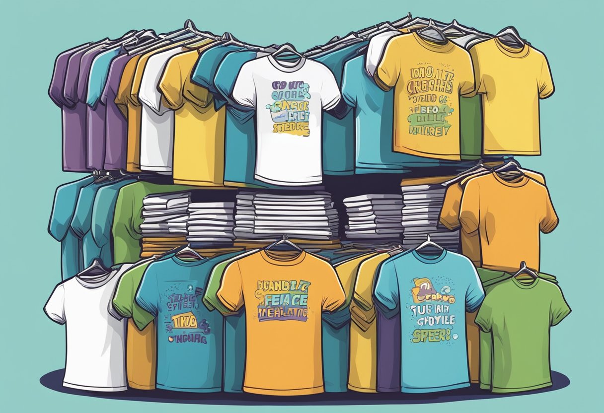 A stack of colorful t-shirts with humorous quotes and speech bubbles floating above them