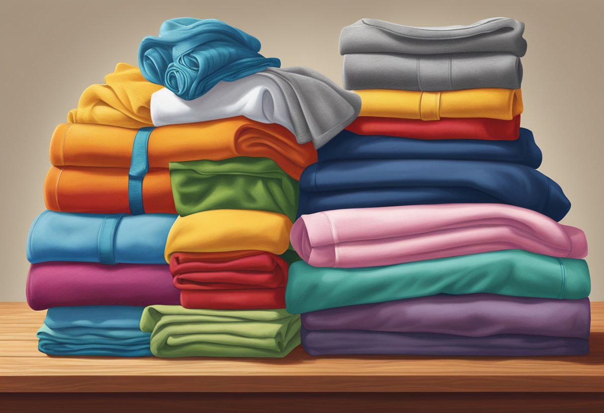 A colorful array of Fruit of the Loom and Hanes clothing items neatly folded and stacked on a wooden table