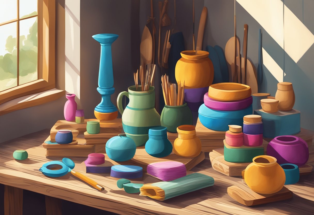 A colorful display of handmade items arranged on a rustic wooden table, with natural light streaming in from a nearby window