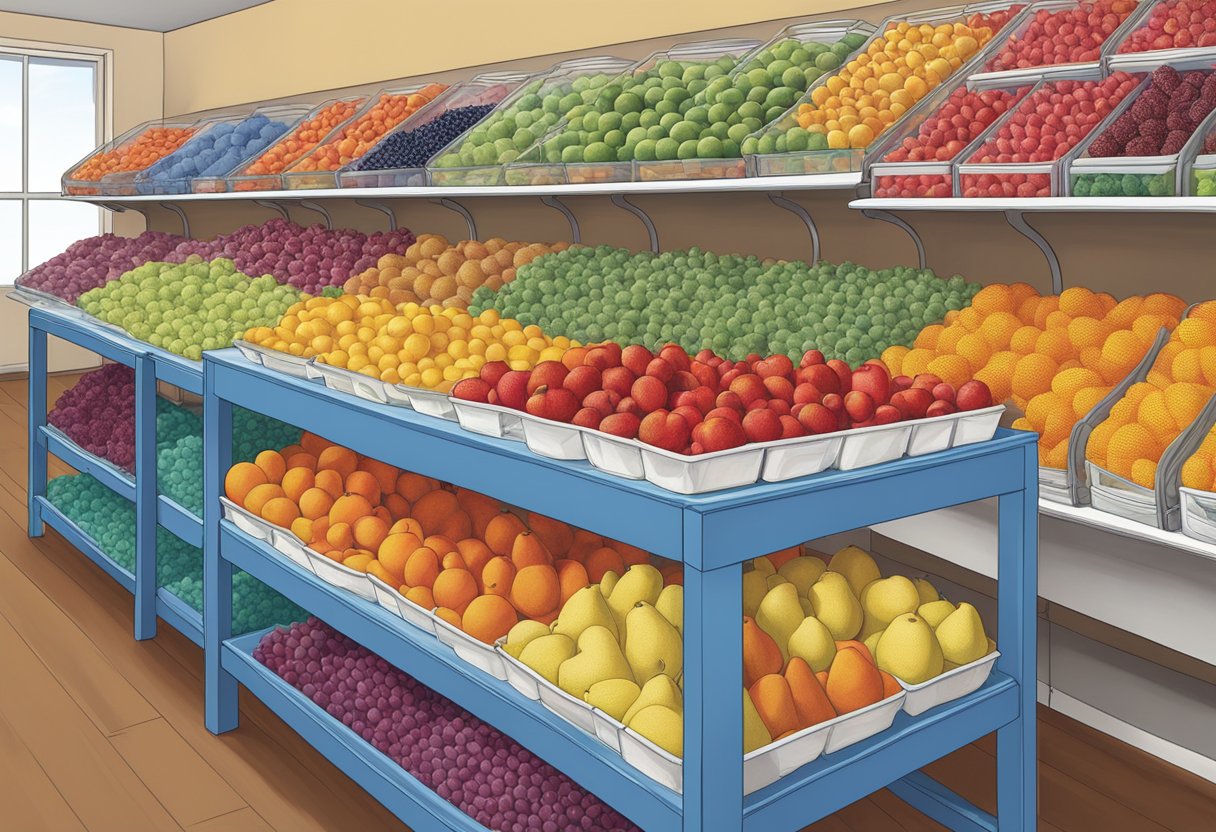 A table with neatly arranged rows of colorful fruit of the loom and hanes clothing items, each clearly labeled and displayed for comparison