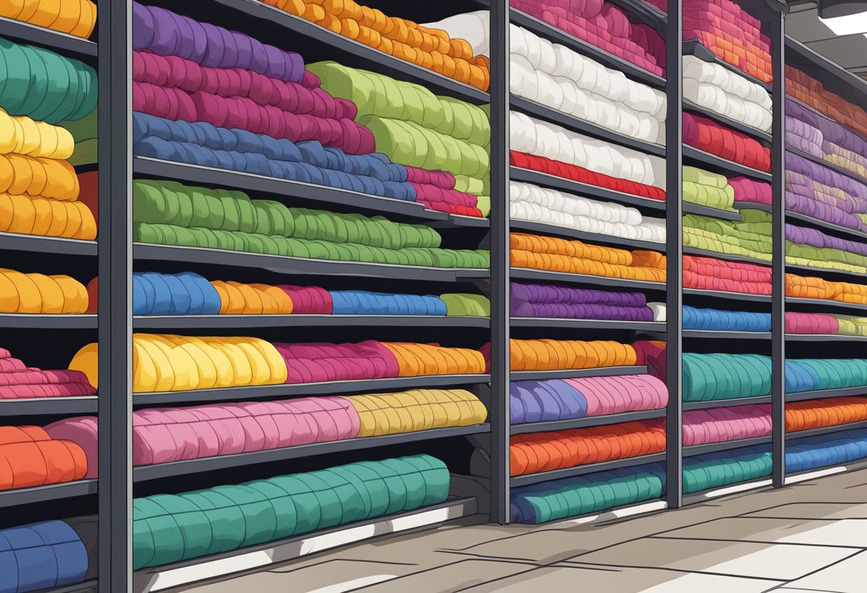 A colorful array of cotton fabric rolls, labeled "Fruit of the Loom" and "Hanes," stacked on shelves in a textile factory