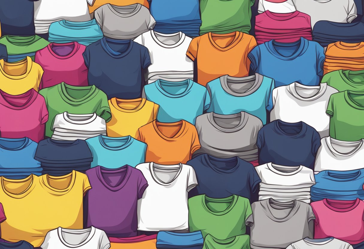 A colorful array of t-shirts and underwear from Fruit of the Loom and Hanes neatly folded and stacked on a display table