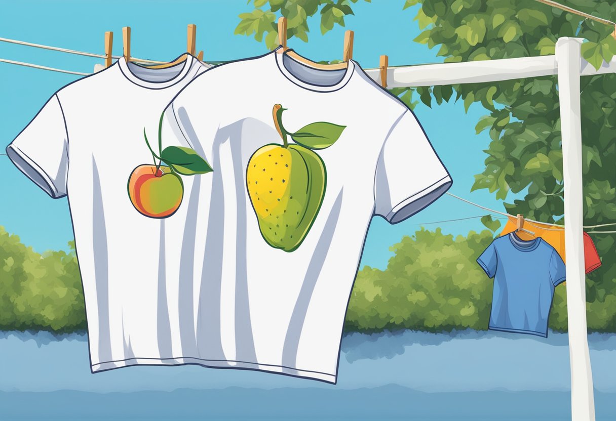 Two t-shirts, one Fruit of the Loom and one Hanes, hanging side by side on a clothesline, exposed to the elements