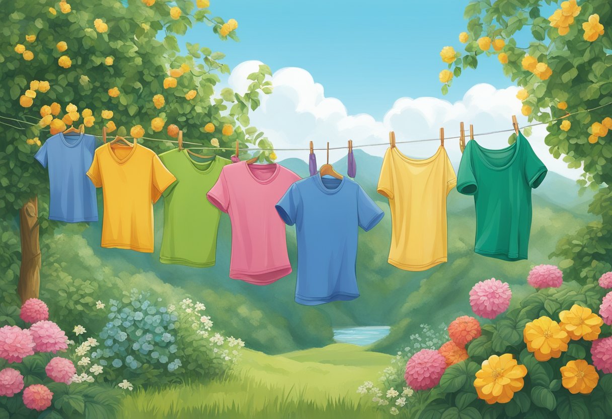 A lush, green landscape with a clear blue sky, featuring a mix of fruit of the loom and hanes clothing items hanging on a clothesline, surrounded by blooming flowers and thriving plants