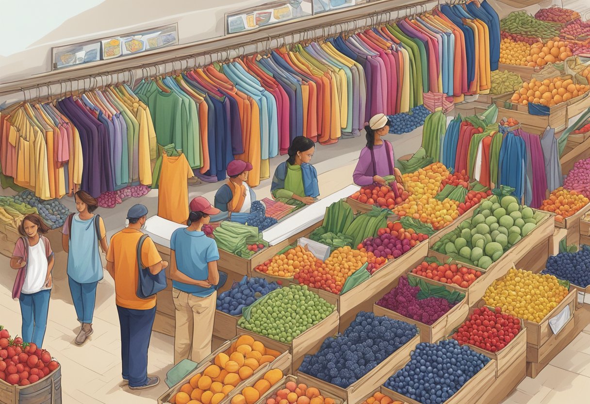 A colorful market stall displays rows of neatly folded Fruit of the Loom and Hanes clothing items, with customers browsing the selection