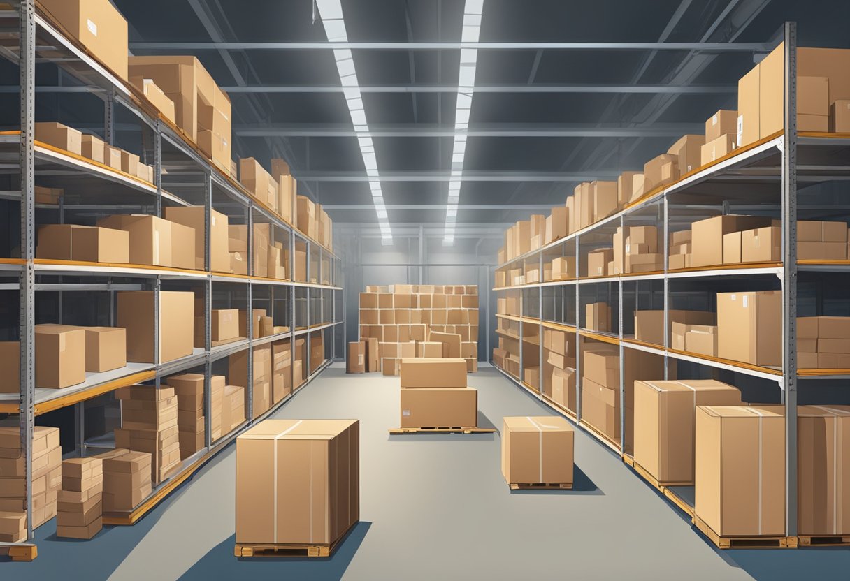 A busy warehouse with shelves of handmade goods being packed and labeled for shipping