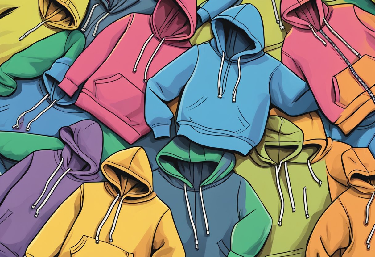 A pile of Gildan hoodies in various sizes, with a measuring tape laid across them to show the differences in size