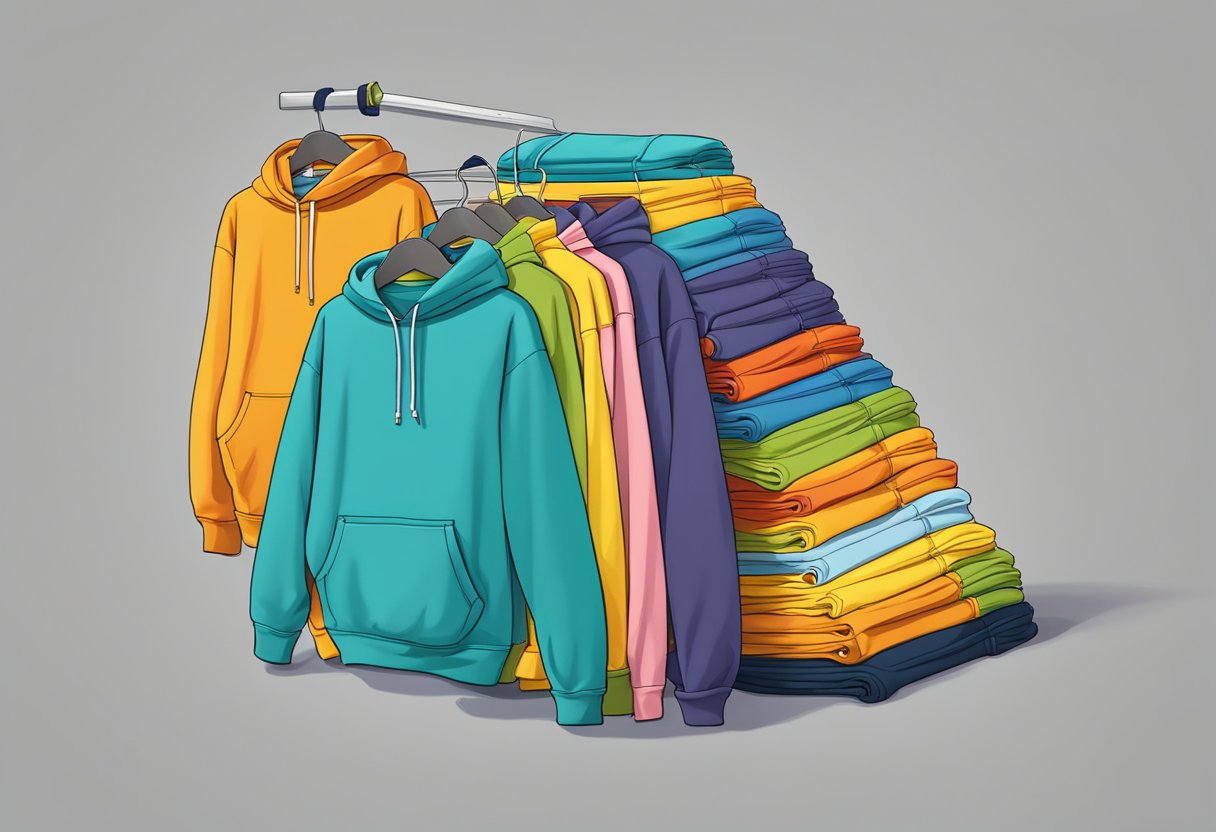 A stack of Gildan hoodies in various sizes, with a tape measure laid out to measure the dimensions of each hoodie