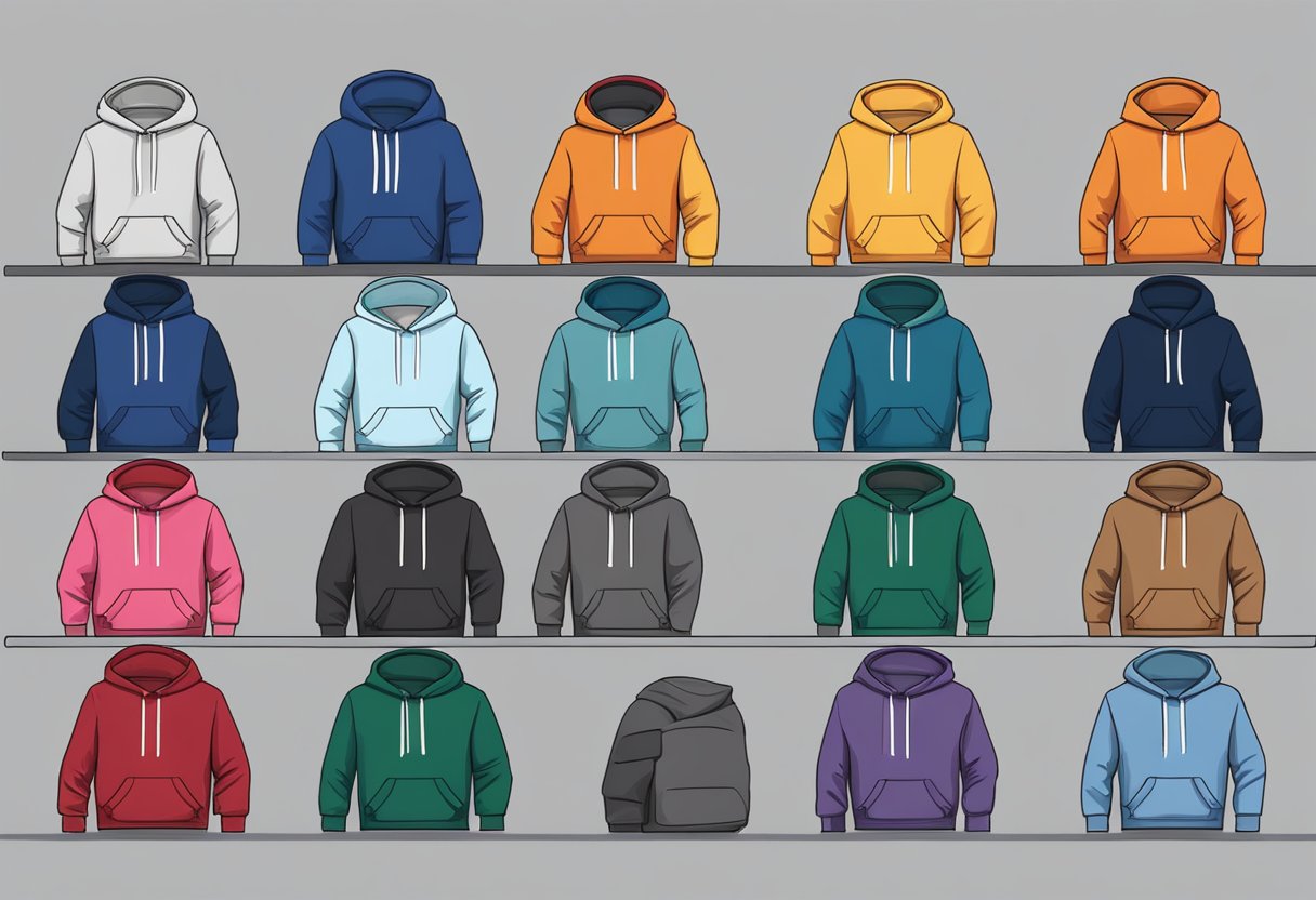 A stack of Gildan hoodies in various styles and fits, neatly folded and arranged by size on a display table