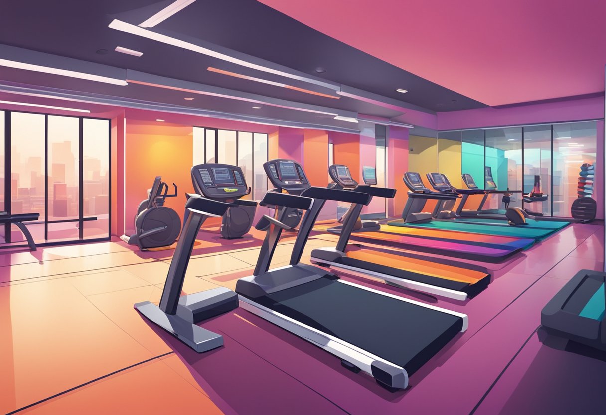 A sleek, modern gym with rows of colorful athletic wear on display. Bright lighting and motivational posters create an energetic atmosphere