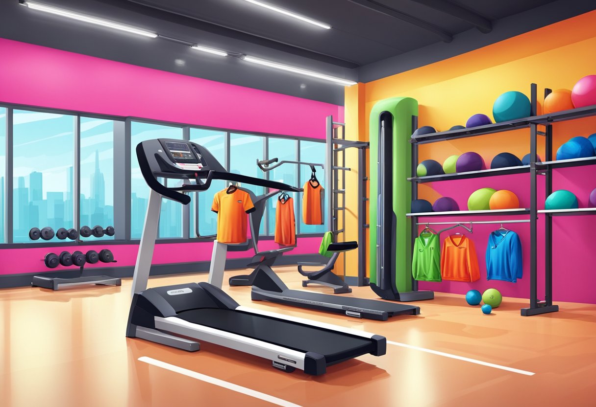 A vibrant and dynamic gym setting with rows of colorful fitness clothing displayed on sleek, modern racks and shelves. Bright lighting and motivational decor create an energetic atmosphere