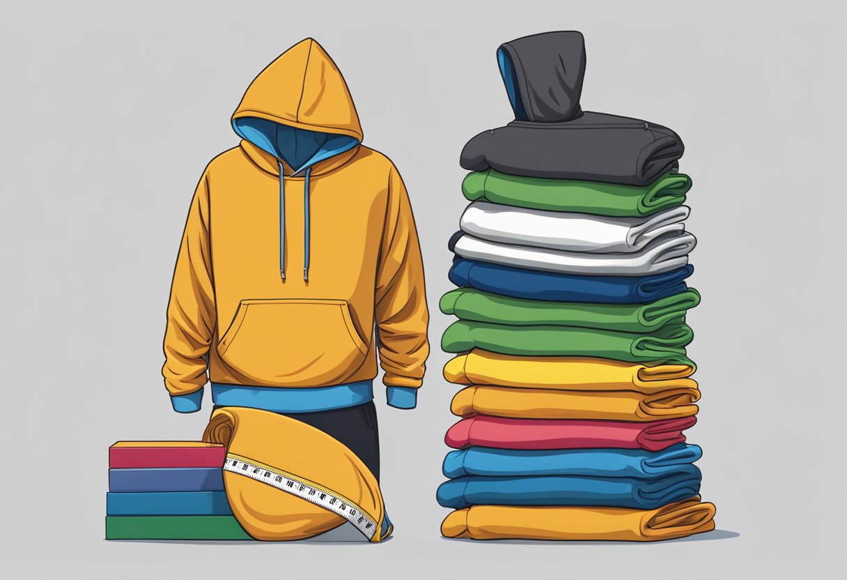 A stack of Gildan hoodies in various sizes, with a tape measure draped over them to show the difference in fit