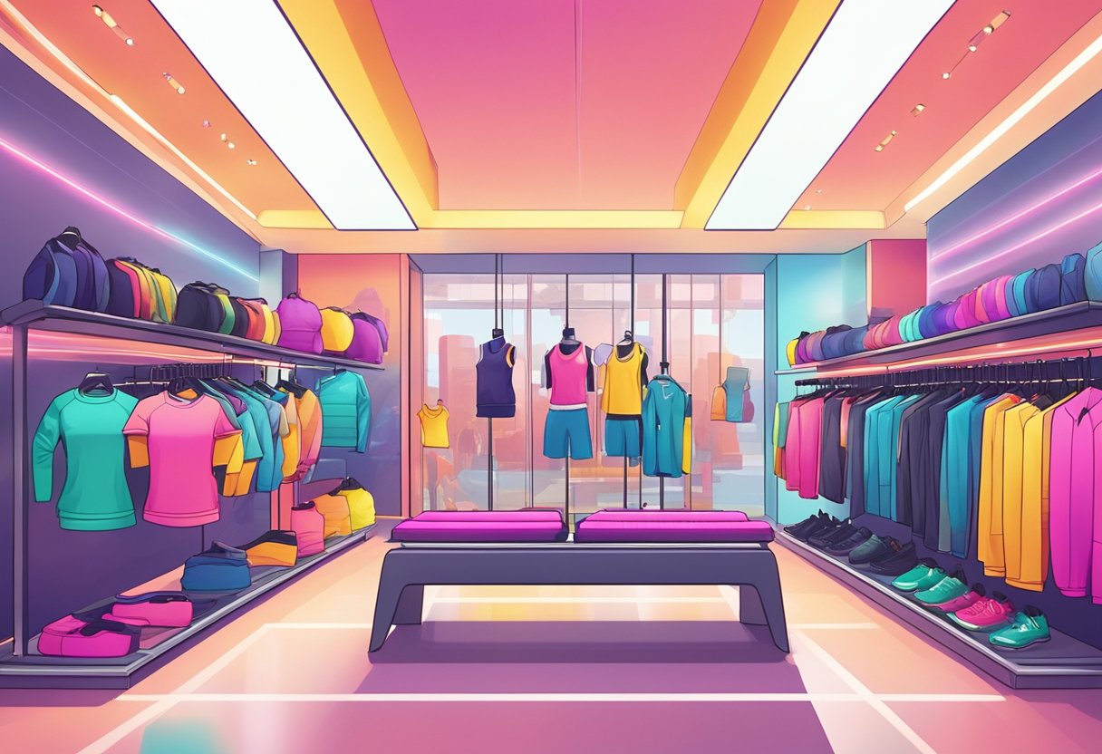 A vibrant and bustling fitness apparel store, with colorful and stylish activewear displayed on racks and mannequins. Bright lights and energetic music create an inviting atmosphere for customers