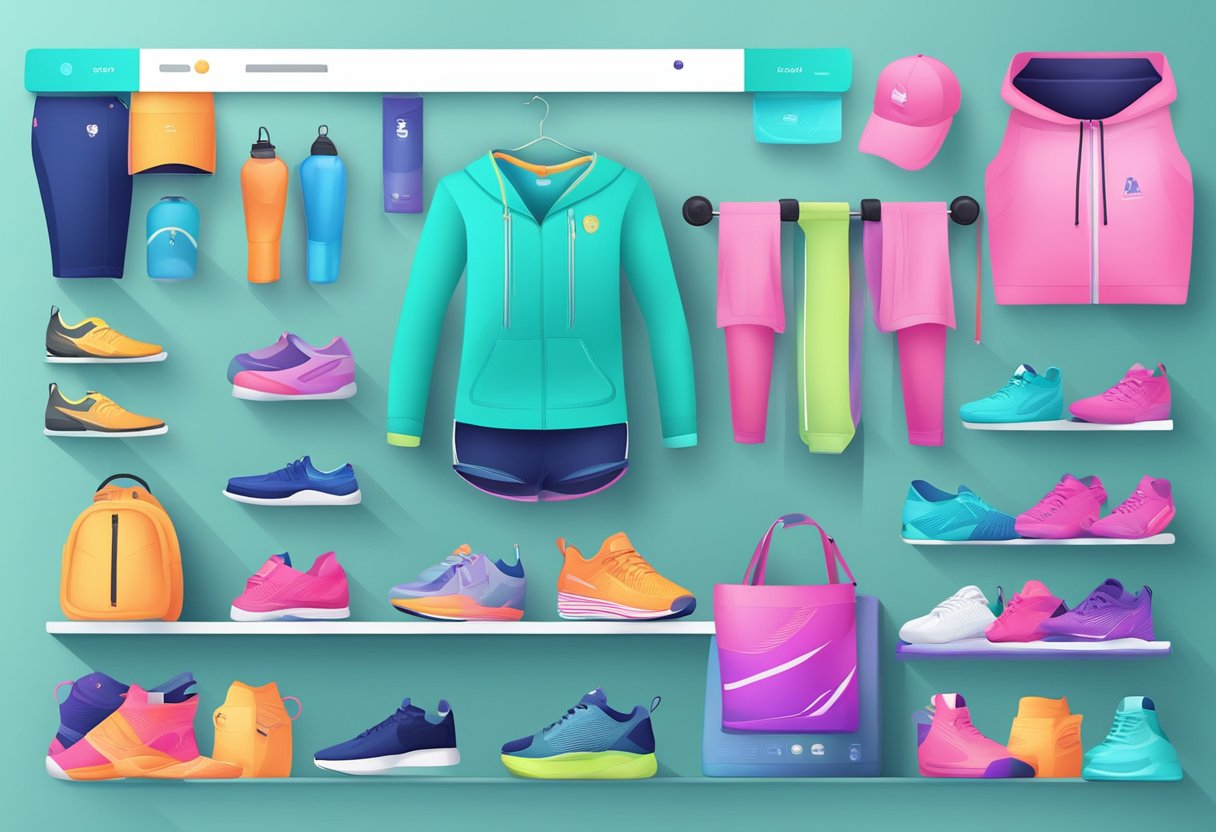 A vibrant, modern website displaying a variety of fitness clothing items. An online store with secure payment options and social media icons for sharing