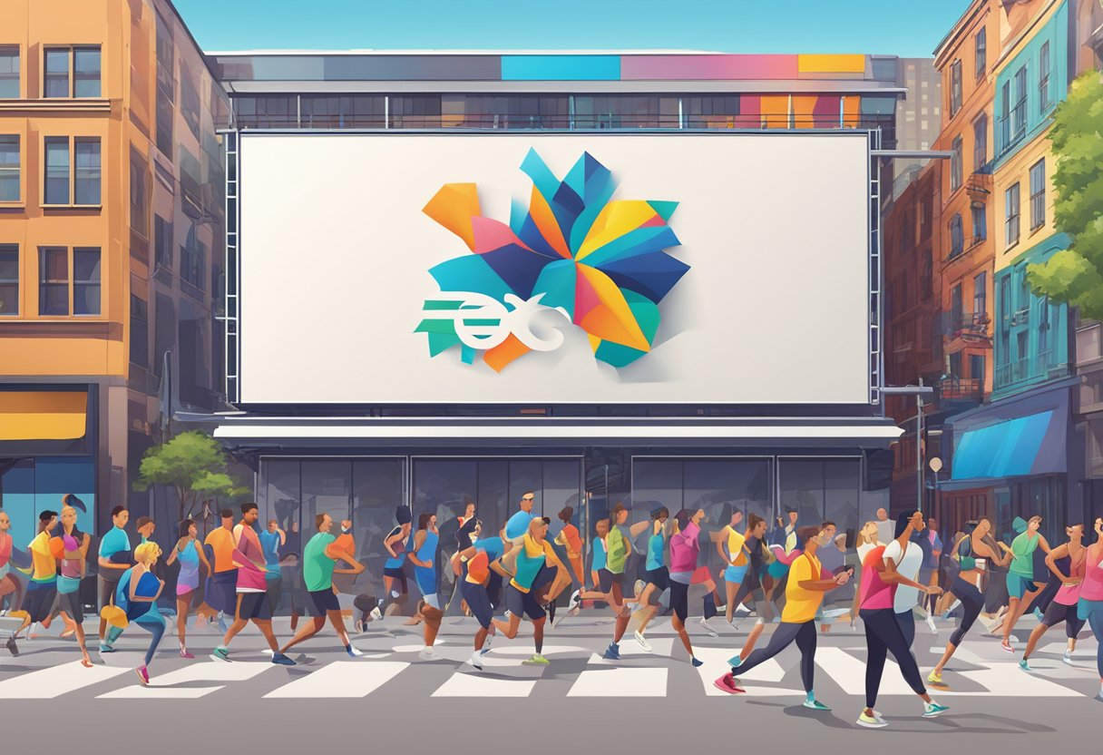 A vibrant fitness clothing line logo displayed on a billboard in a bustling city center, surrounded by active individuals