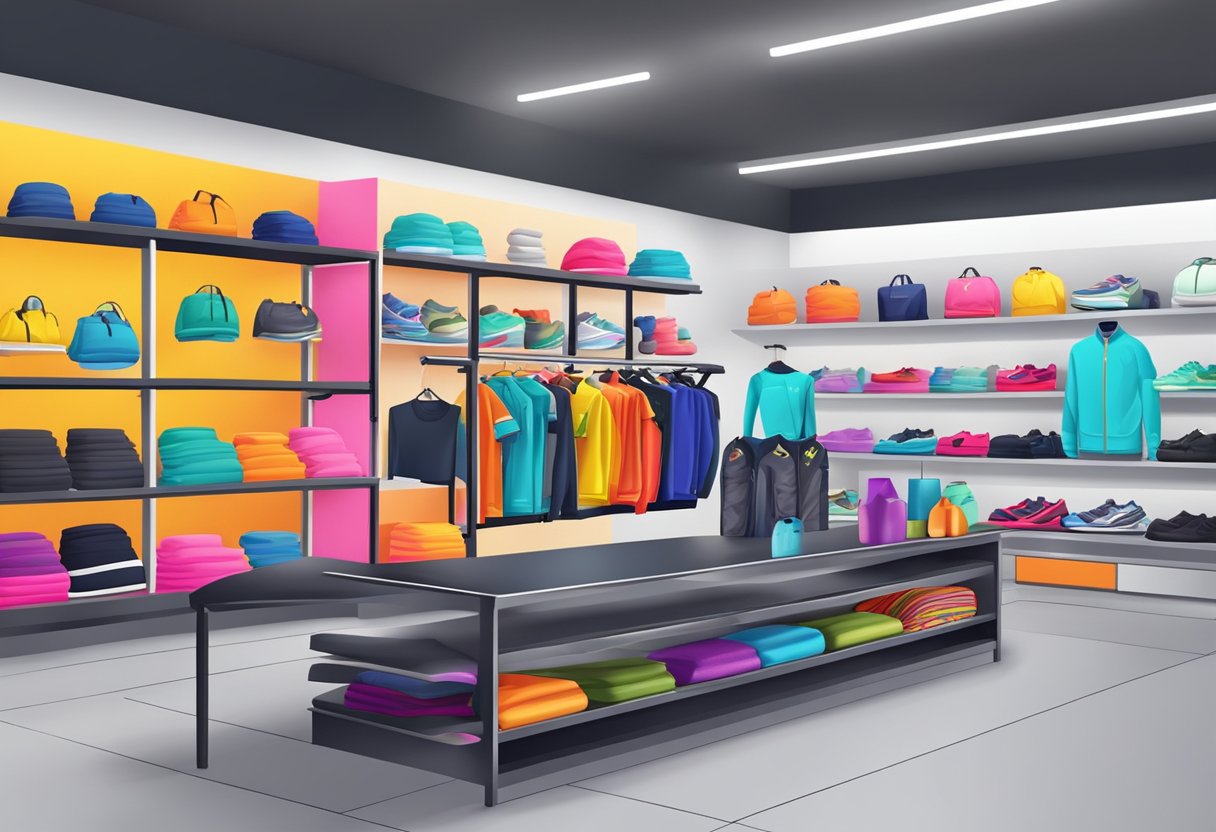 A bright and modern fitness clothing store with racks of colorful activewear, shelves of stylish accessories, and a checkout counter with a sleek logo