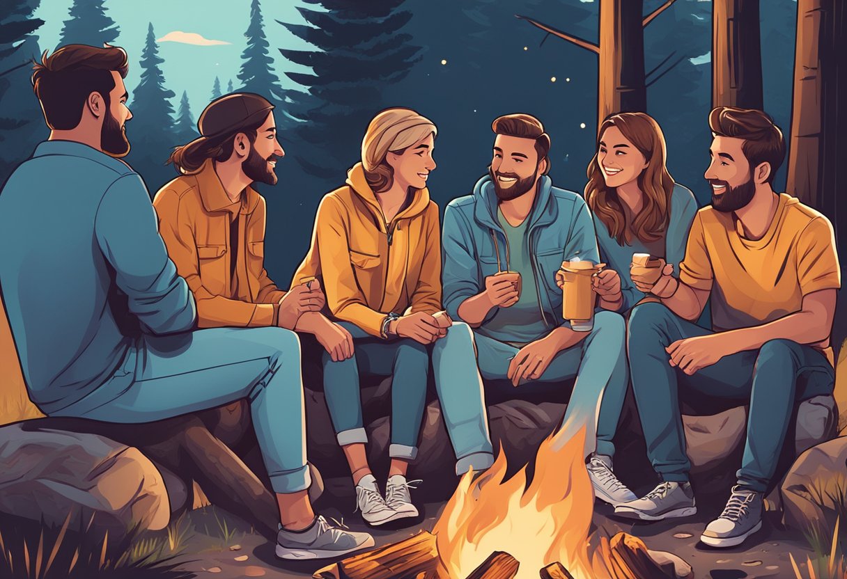 A group of friends sitting around a campfire, roasting marshmallows and sharing design ideas for a new shirt