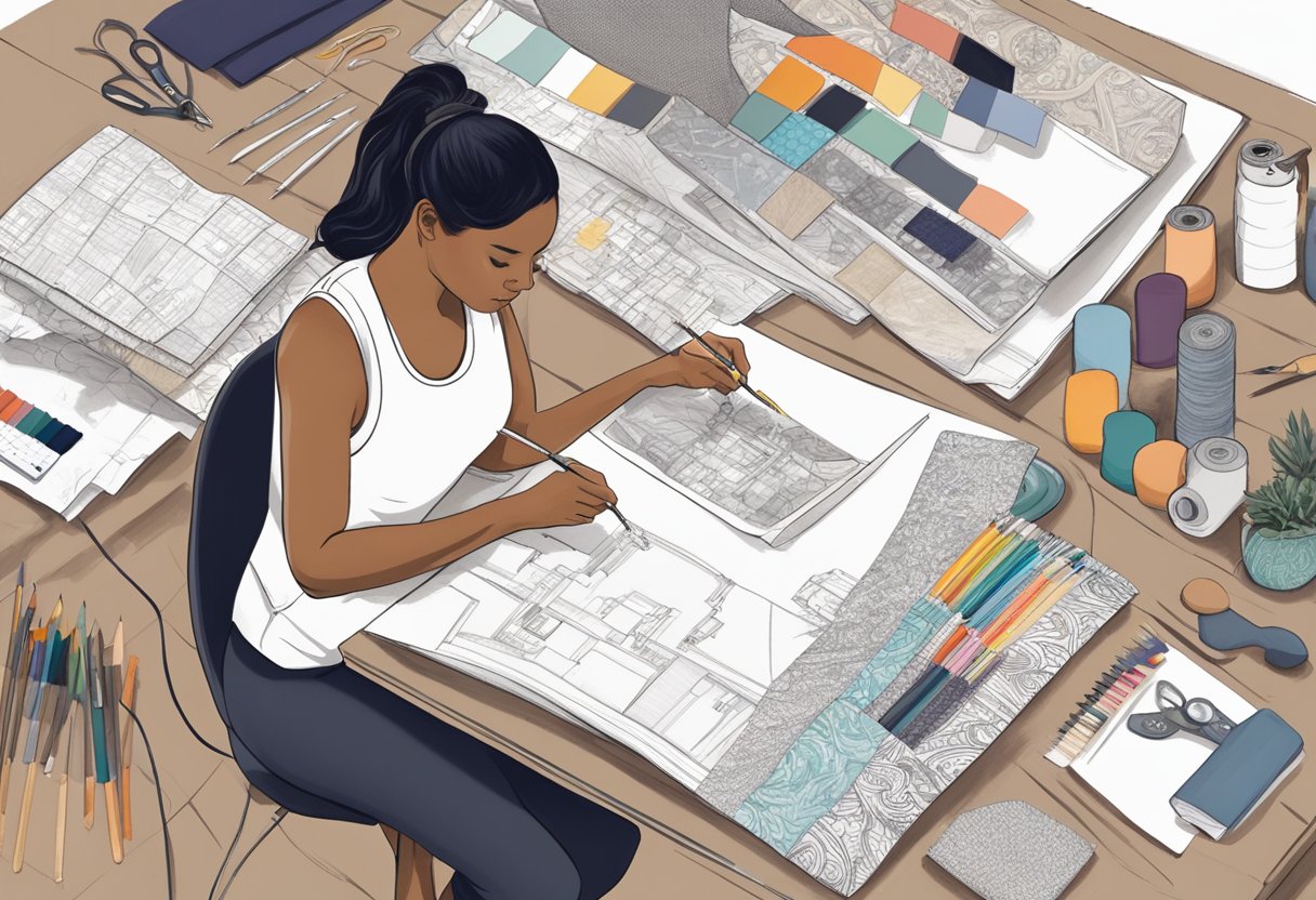 A person sketching designs for fitness clothing line, surrounded by fabric swatches, sewing tools, and inspirational images