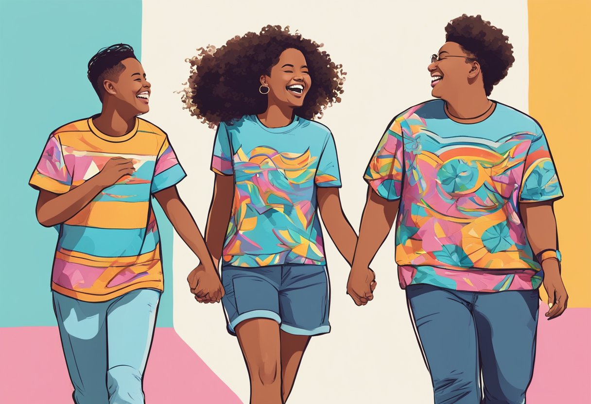 Two friends laughing and walking together, wearing matching friend shirts with colorful designs