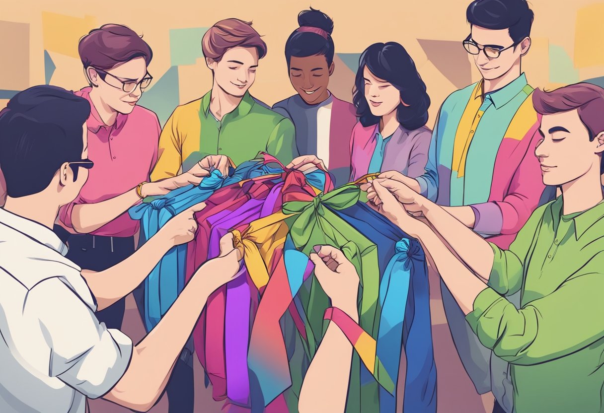 A group of friends exchanging colorful shirts with festive wrapping and ribbons