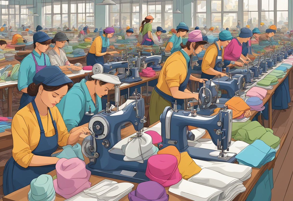 A bustling hat factory with rows of sewing machines and stacks of colorful fabrics, surrounded by designers sketching new designs and workers meticulously crafting each hat