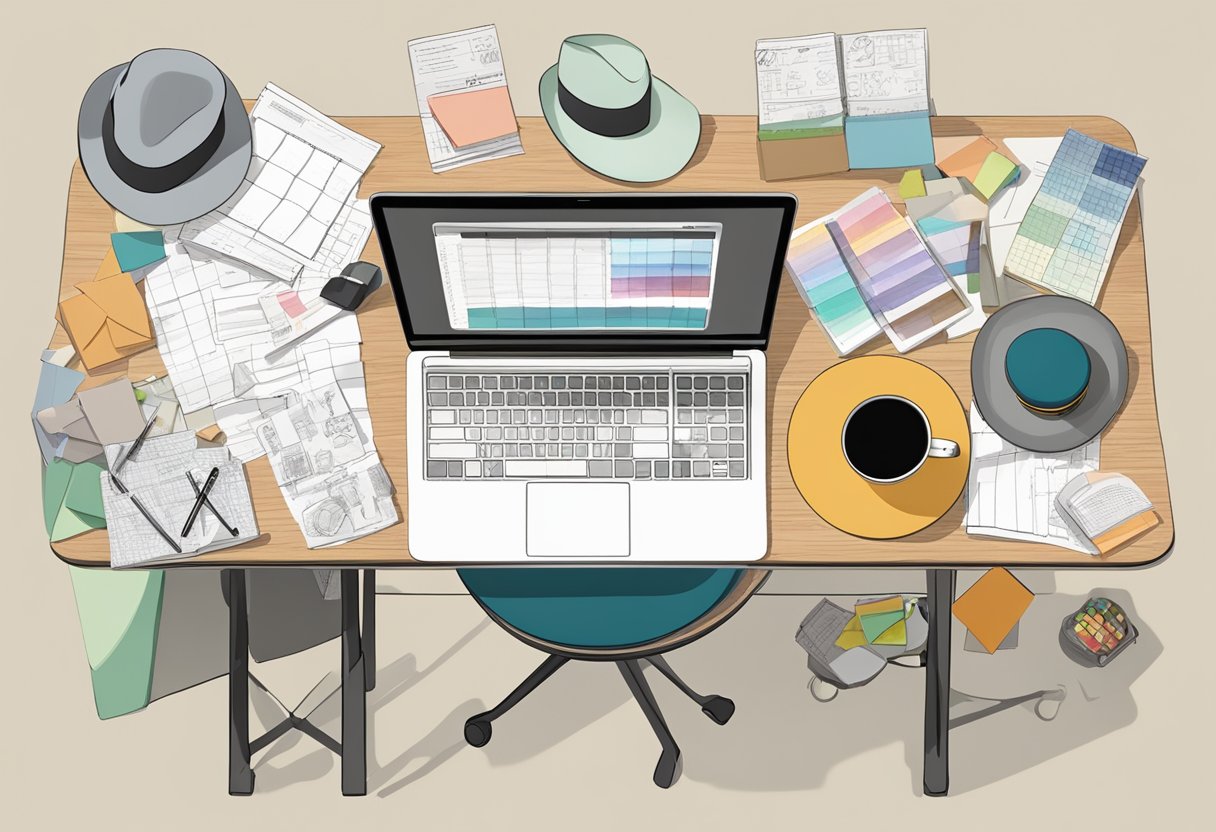 A table with sketches of various hat designs, a laptop with a spreadsheet open, and a bulletin board covered in inspirational images and fabric swatches