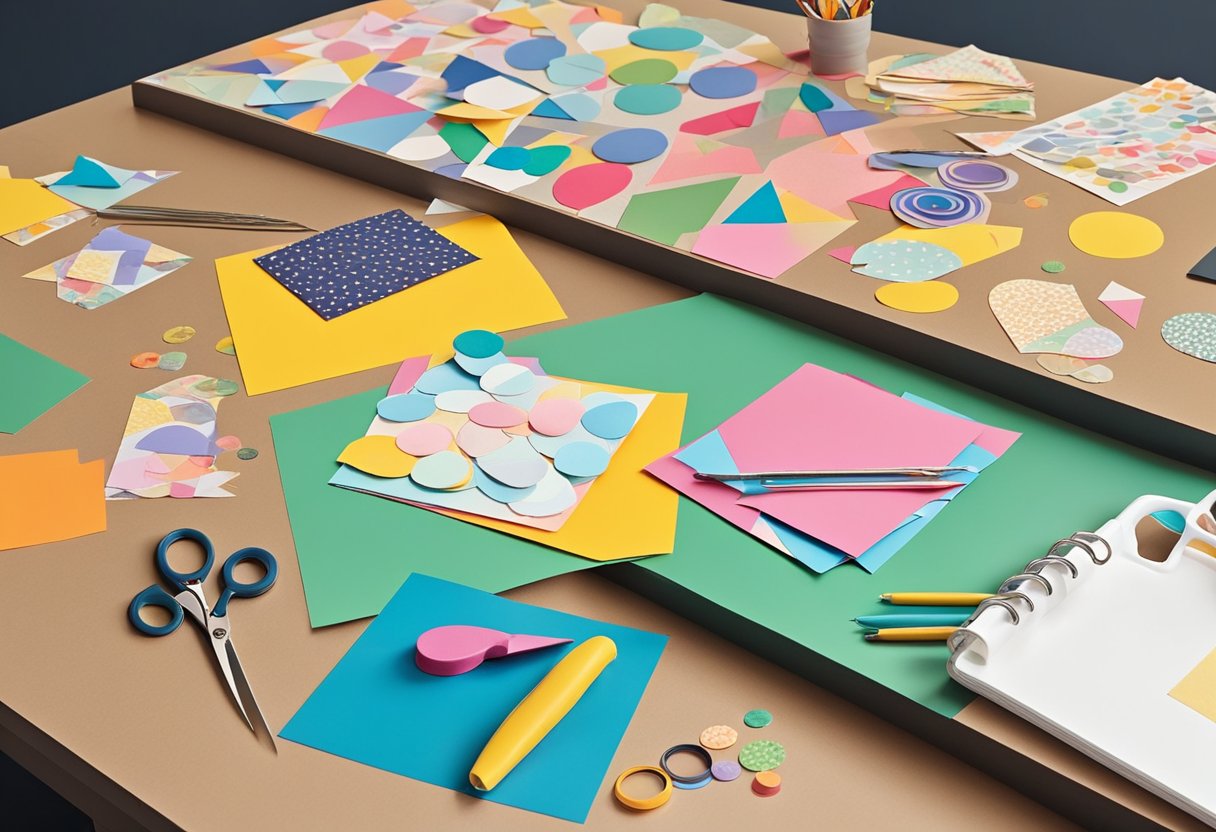 A table with various colorful and patterned papers, scissors, glue, and small round magnets scattered across the surface. Cut-out shapes and designs are being arranged and glued onto the magnets