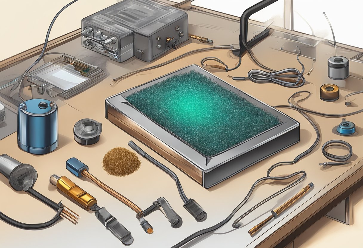 A table with various materials: iron filings, a bar magnet, copper wire, battery, and a switch