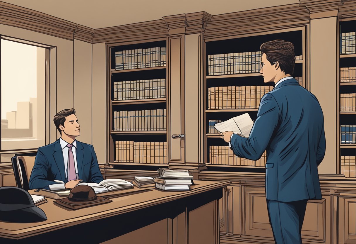 A person in a business suit holding a hat and talking to a lawyer in a law office. Shelves of legal books and a framed law degree on the wall