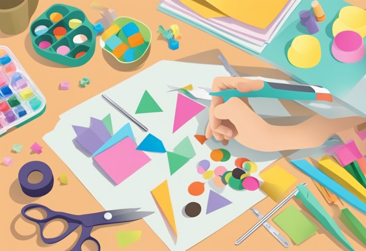 A table with various craft supplies: small magnets, colorful paper, glue, scissors, and clear adhesive film. A pair of hands is cutting out shapes from the paper