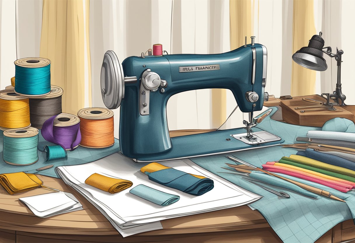 A table with hat design sketches, measuring tape, and fabric swatches, surrounded by sewing tools and a sewing machine