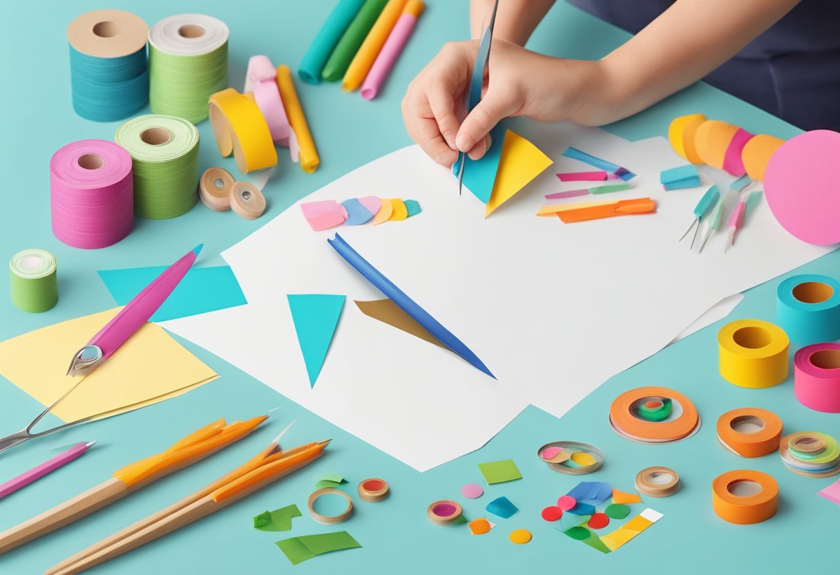 A table with various craft supplies: colorful paper, glue, scissors, and small magnets. A pair of hands cutting and gluing paper to create homemade magnets