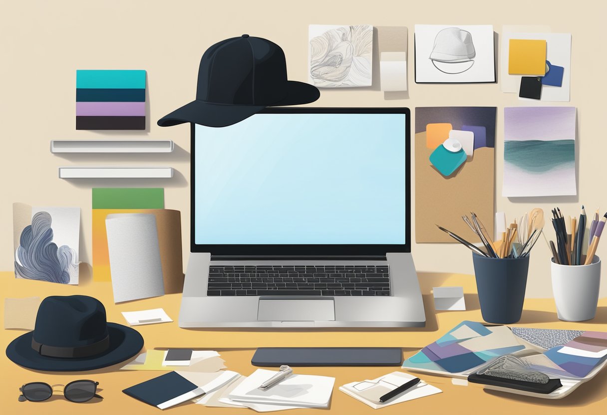 A work desk with a laptop, sketchbook, hat samples, and branding materials. A mood board on the wall with hat designs and color swatches