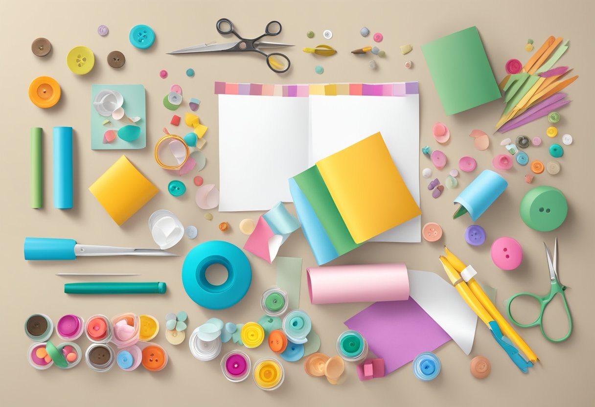 A table with colorful craft supplies scattered around, including paper, glue, scissors, and small decorative objects like buttons and beads