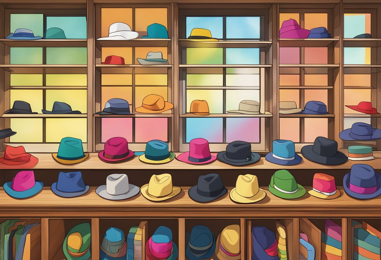 A colorful array of hats displayed on wooden shelves with a sign reading "Hat Company" above the entrance. Sunlight streams in through the large windows, illuminating the space